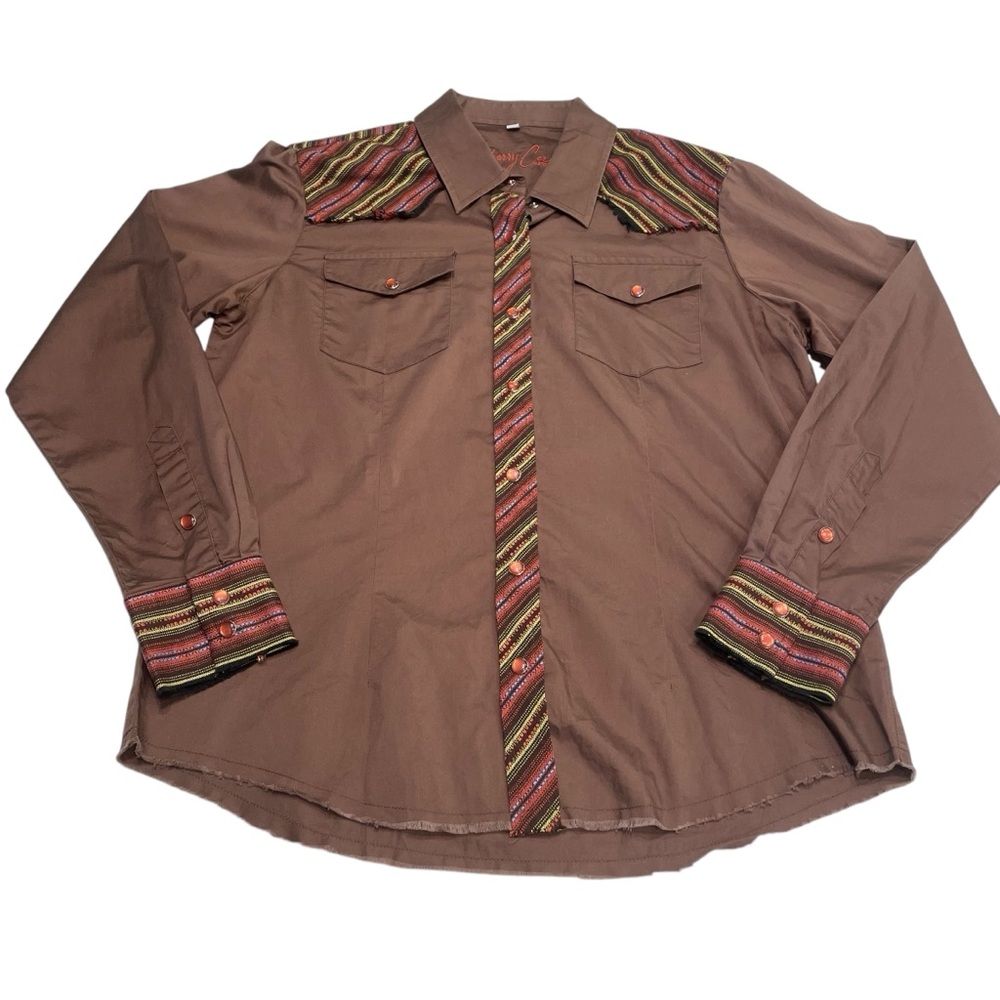 Sherry Cervi Resistol Shirt L Brown Multicolor Yoke Pearl Snap Western Cowgirl